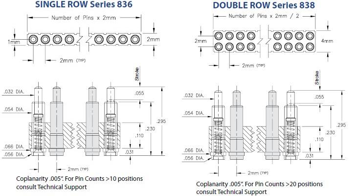 Mechanical Drawing - Mill-Max 2mm Pitch Spring-Loaded Connectors